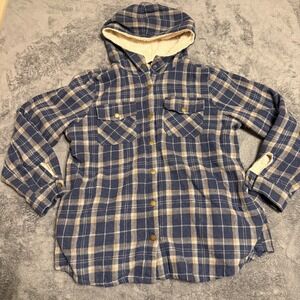 Dokotoo Mens Flannel Jacket Hooded Sherpa Lined Navy‎ Button Up Plaid